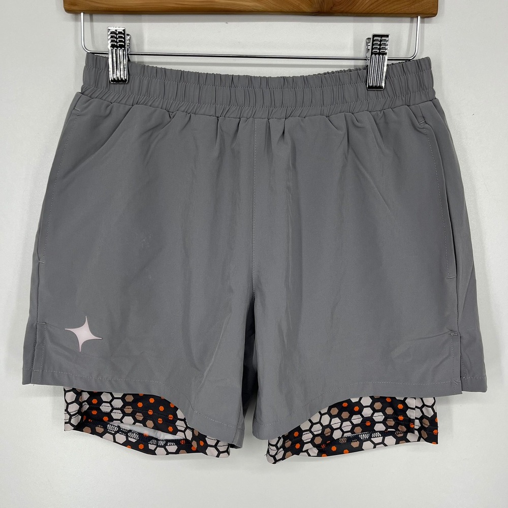 MAJA Mens Grey Running Shorts 2-in-1 Compression Liner Honeycomb Print Size 28